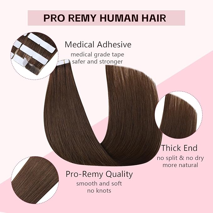 Invisible Tape in Hair Extensions Real Human Hair 3rd-Generation Pro3.0#4 Chocolate Brown 20pcs 30g 14inch Seamless Injected Hand-Tied Invisi Edge Tape ins Extensions（#4a-14inch）