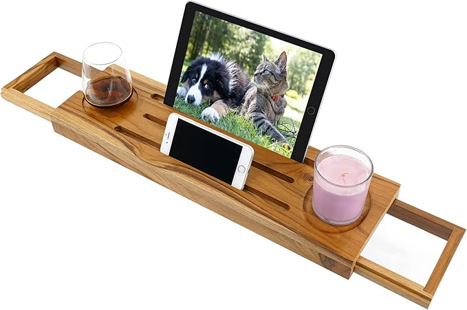 Teak Bathtub Tray Caddy - Expandable Bath Tray - Adjustable Organizer Tray for Bathroom - Luxury Bath Caddy Tub Table, Bathtub Accessories & Bathroom Gadgets