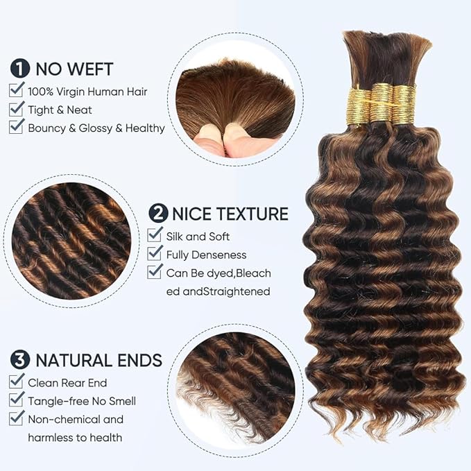 Freiuoke 34 34 34 Inch Brown Braiding Hair Deep Wave Bulk 3 Bundles 150g P430 Honey Brown Boho Human Hair for Braiding Hair Extensions
