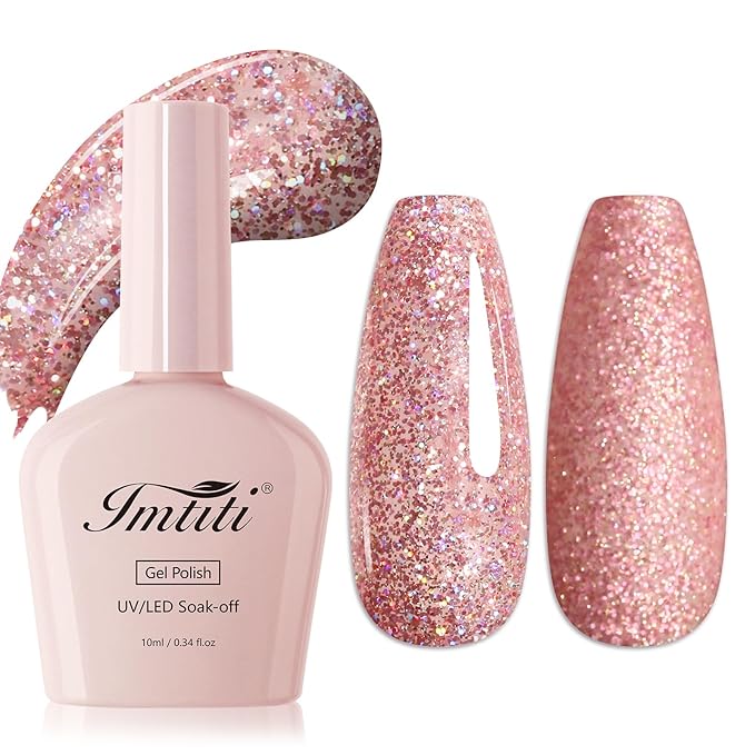 Imtiti Glitter Gel Nail Polish, 1Pcs Rose Gold Gel Polish Sparkle Soak Off UV LED Gel Polish, Long Lasting, Manicure Salon DIY at Home for Women (0.34 Fl Oz-959)