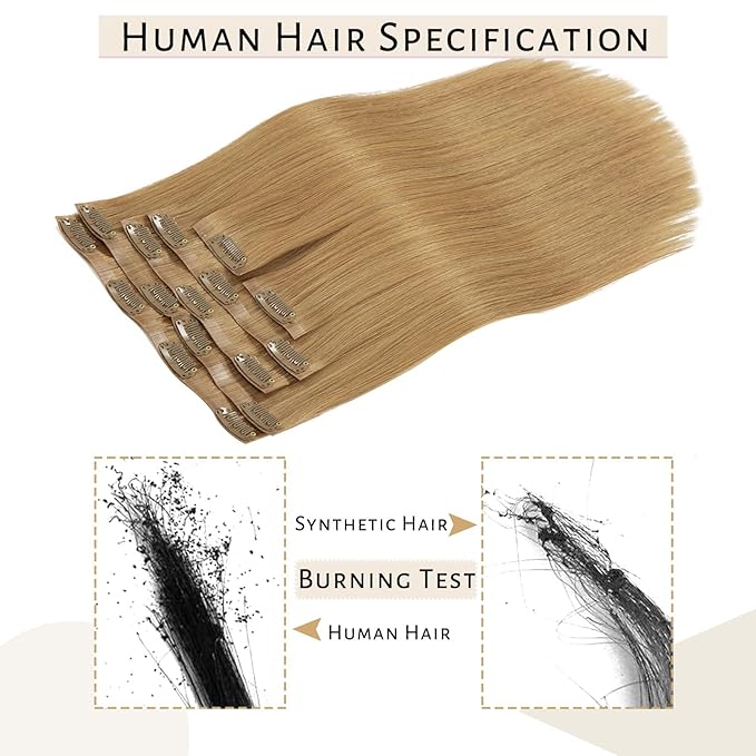 Caliee Seamless Hair Extensions Clip in Human Hair PU Skin Weft Full Head Natural Real Hair Not Tangled 16Inch 7Pcs Thick Remy Hair Color 27 Caramel Blonde Clip in Hair Extensions 110G