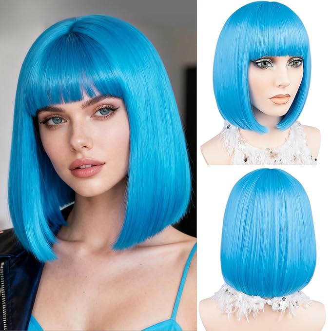 MAYSA Blue Bob Wig With Bangs Short Straight Bob Wigs 12Inch Synthetic Colorful Cosplay Daily Party Neon Wigs for White Women # Light Blue