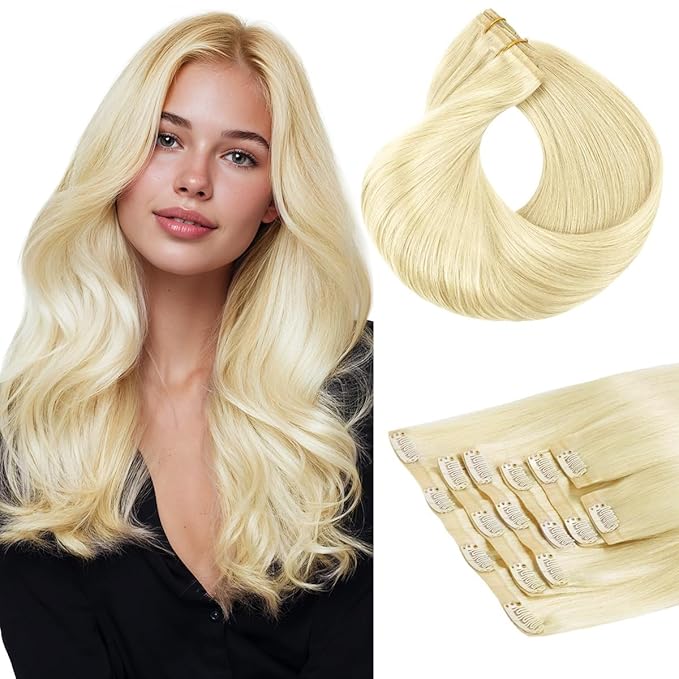 HOTBANANA Seamless Clip in Hair Extensions 22 inch 150g 7pcs Bleach Blonde Clip in Remy Human Hair Extensions Straight Hair Invisible PU Skin Weft