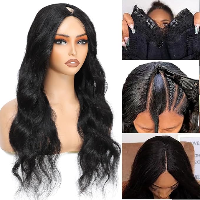 V Part Wig Human Hair Body Wave Upgrade U Part Human Hair Wig With Clips Glueless Wigs Human Hair Beginner Friendly V Shape Clip In Half Wigs for Women No Leave Out 180% Density 22 Inch