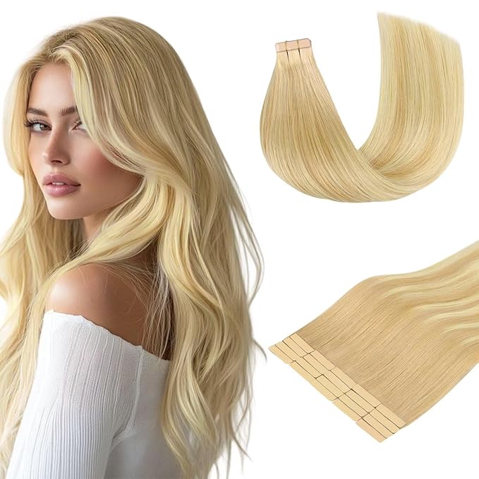 DOORES Tape in Hair Extensions, Mixed Platinum Blonde, 20pcs 60g 26 Inch, Real Human Hair, Seamless Straight