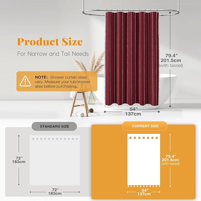 BTTN Stall Fabric Shower Curtain - 54x78 Boho Striped Linen Heavy Duty Tassel Shower Curtain Set with 10 Hooks, Narrow Rustic Modern Farmhouse Bohemian Thick Shower Curtains for Bathroom - Burgundy