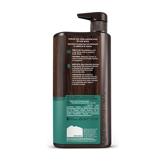 Every Man Jack Men’s Hydrating Body Wash for All Skin Types - Cleanse and Hydrate Skin with Naturally Derived Marine Extracts, Coconut Oil, and a Sea Minerals + Citron Scent - 33.8 fl. oz. - 2 Bottle
