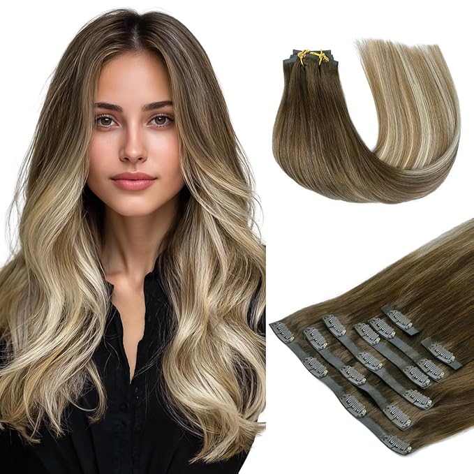 HOTBANANA Seamless Clip in Hair Extensions 20 inch 150g 7pcs Walnut Brown to Ash Brown and Bleach Blonde Clip in Remy Human Hair Extensions Straight Hair Invisible PU Skin Weft