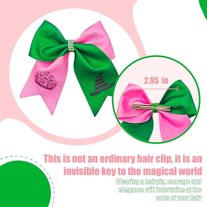 2Pcs Green & Pink Hair Bows – Witch Hair Accessories, Witch Merch Gifts for Women, Inspired Clips for Musical Fans & Costume Parties (Pink/Green)