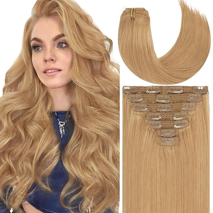 Caliee Clip in Hair Extensions Real Human Hair Caramel Blonde Color 27 Hair Clip in Extensions Remy Human Hair Lace Straight Clip in Extensions 120G 7PCS 16Inch Double Weft