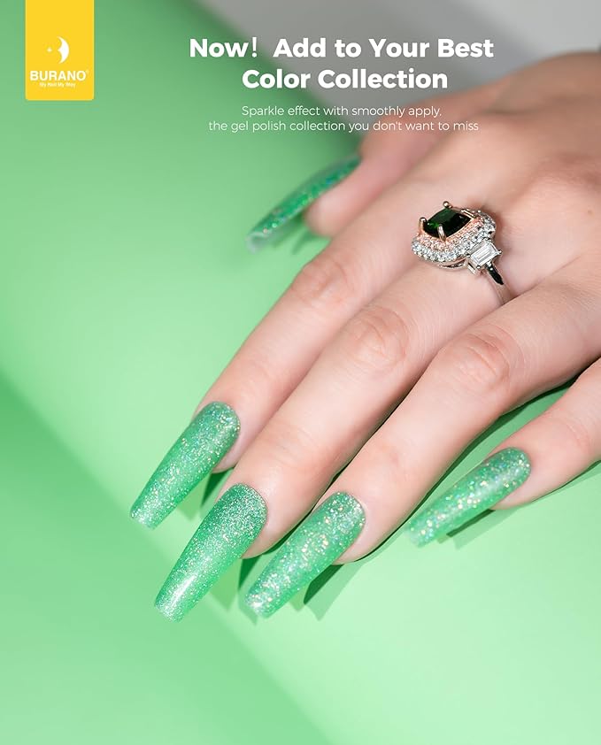 BURANO Glitter Gel Nail Polish with LED UV Curing; No Chip Shimmer Holographic Effect; Sparkle Gel for Green LP66