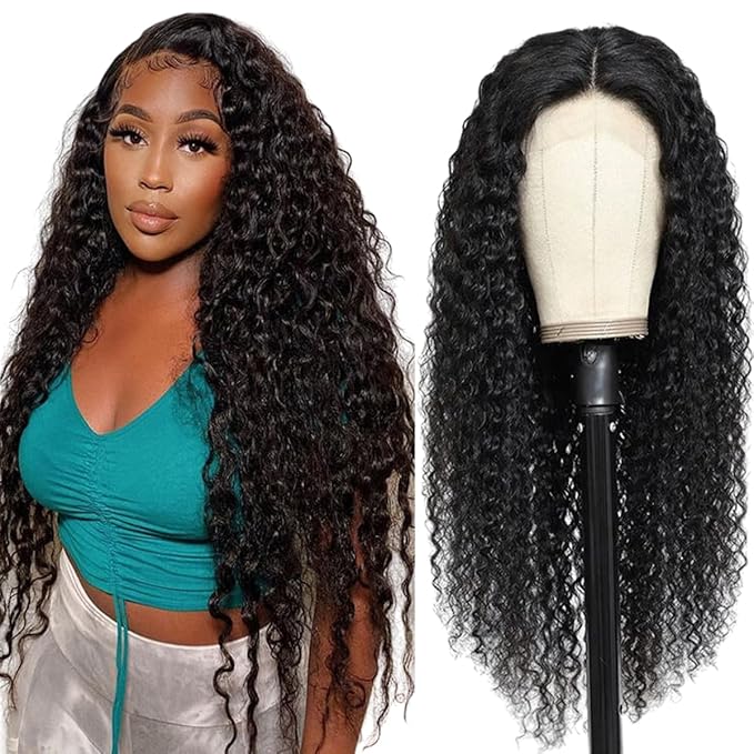 LICHANG Deep Wave 4x4 Transparent Lace Front Wigs Human Hair for Black Women Pre Plucked 180% Density Nature Color 20 Inch