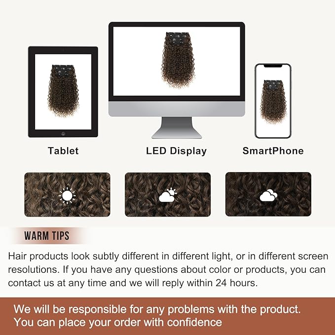 Clip in Hair Extensions, FLUFYMOOZ 4PC 100％ Pure Protein Silk Hair Extensions Long Soft Natural Hairpiece 16 Inch Curly Hair Extension for Women (Dark Almond brown with copper)