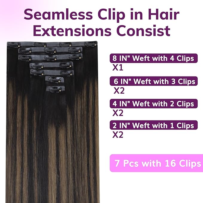 IDN BEAUTY Seamless Clip In Hair Extensions Human Hair, Straight 16 Inch 110g 7pcs, 1B/6/1B Balayage Natural Black to Chestnut Brown Remy Hair Seamless Clip Ins For Black Women PU Weft Invisible Edge