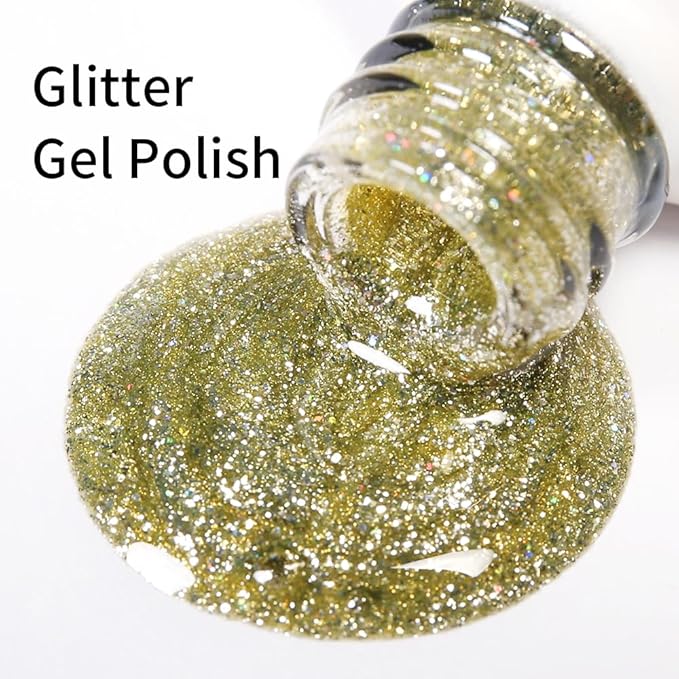 Gold Gel Polish Glitter Yellow Gold Hema Free 0.34 OZ Same Color Same Top Cover Reflective Sparkle UV Polish Manicure Art DIY