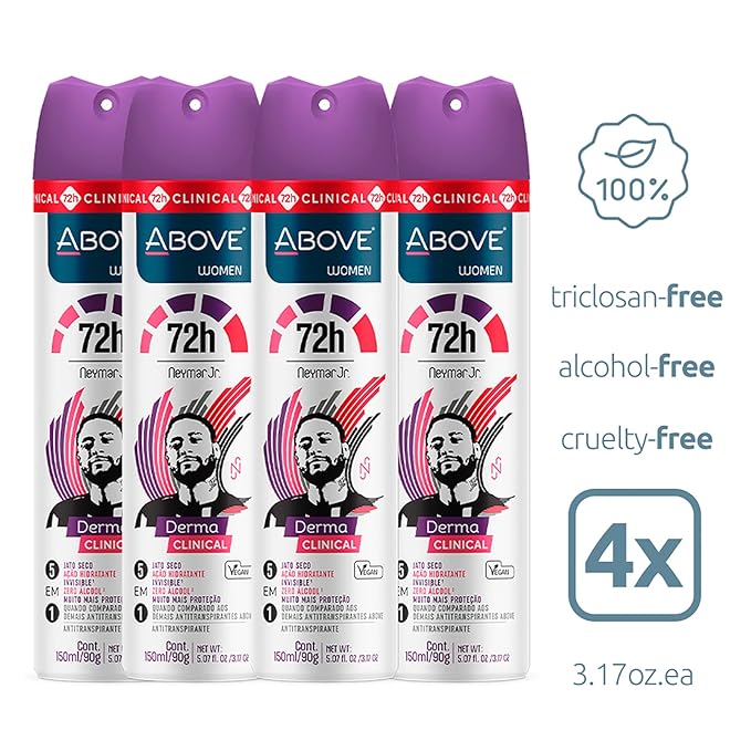 ABOVE 72 Hours Derma Clinical Antiperspirant Deodorant, Neymar Jr Women, 4 Pcs - Deodorant for Men - Mandarin, Cocoa, and Vanilla Notes - Dry Spray