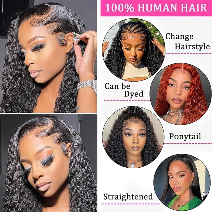 13x6 Lace Front Wigs Human Hair Water Wave 200 Density 13x6 HD Full Lace Frontal Wigs Pre Plucked Wet and Wavy Glueless Deep Curly Human Hair Wigs for Women Natural Black 22 Inch