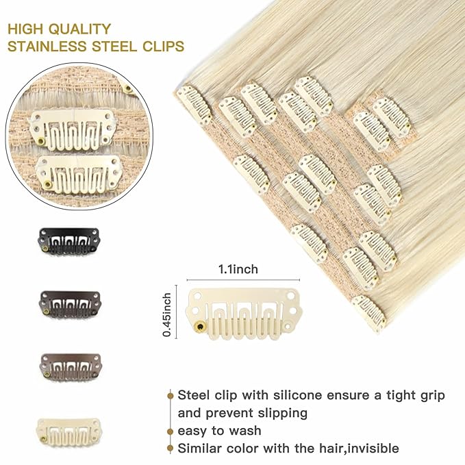 Clip in Hair Extensions 18 Inch Platinum Blode Human Hair Handmade Double Wef Blonde Natural Remy Hair Extensions for Women Straight Clip in Real Human Hair 5pcs 120g