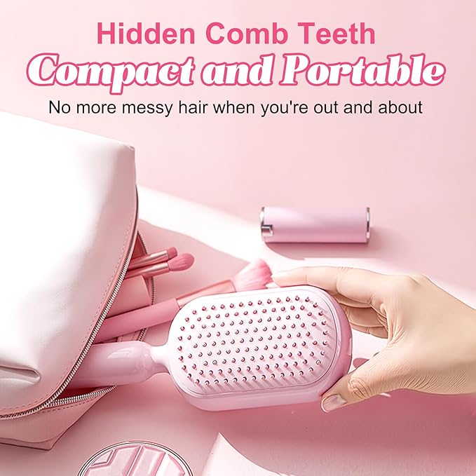Self Cleaning Hair Brush, Retractable Cushion Massage Comb Brush, One-pull Clean Anti Static Brushs, Hairs Styling Tools for All Hairs Types, Retractable Hair Brush for Women Men (pink)