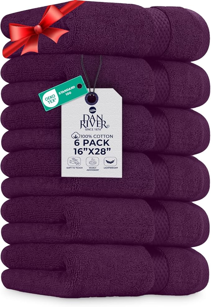 DAN RIVER 6-Pack Premium Hand Towels (16x28 Inches) - 100% Cotton, Ultra Soft, Lightweight, Highly Absorbent Towels for Bathroom, Spa, Gym, Salon, Hotel, and Travel - 550 GSM – Purple Passion