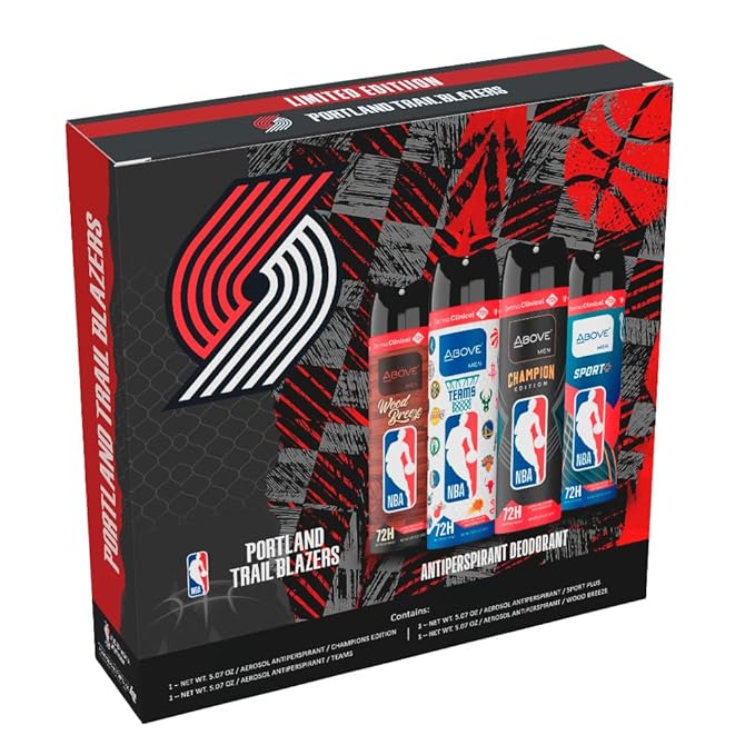 Above NBA – PORTLAND TRAIL BLAZERS Deodorant Gift Set – A Giftable Set for TRAIL BLAZERS Fans – Antiperspirant Spray, 4 Signature Scents, 72h Protection, Dry Spray, No Stains – 5.07 oz, Pack of 4