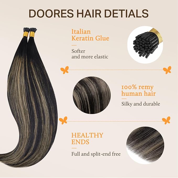 DOORES I Tips Hair Extensions Real Human Hair, 18 Inch 100g 100s Itip, Balayage Natural Black to Light Blonde