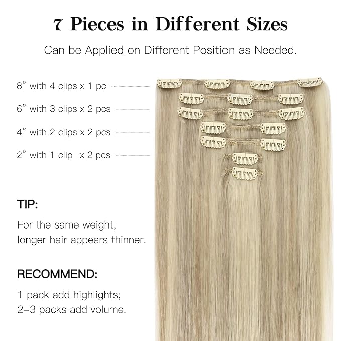 HOTBANANA Human Hair Clip-in Extensions, Ash Blonde Highlighted Platinum Blonde, 120g Real Remy Hair, 22 Inch, 7pcs