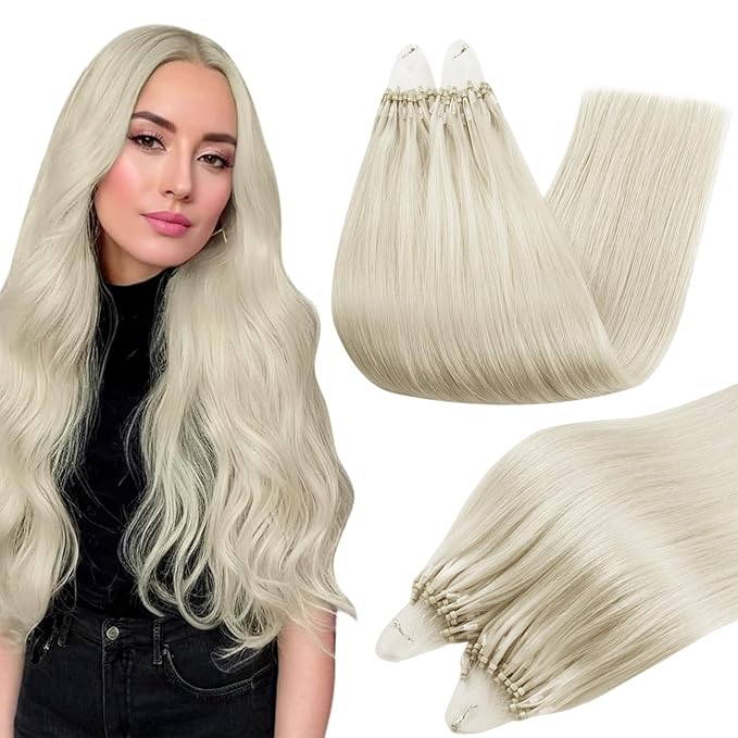 Full Shine Micro Loop Hair Extensions Real Human Hair Ice Blonde Soft Natural Human Hair 14 Inch Microlink Hair Extensions 50G with 7G Micro Beads Cold Fusion Extensions for Women
