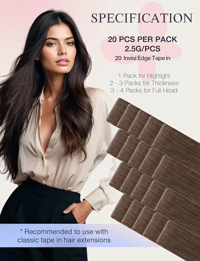 DOORES Invisi Edge Tape in Hair Extensions, Chocolate Brown 10 Injection Tape-ins with 10 Injection Tape-ins 50g 14 Inch, Injected Tape in Extensions Virgin Human Hair