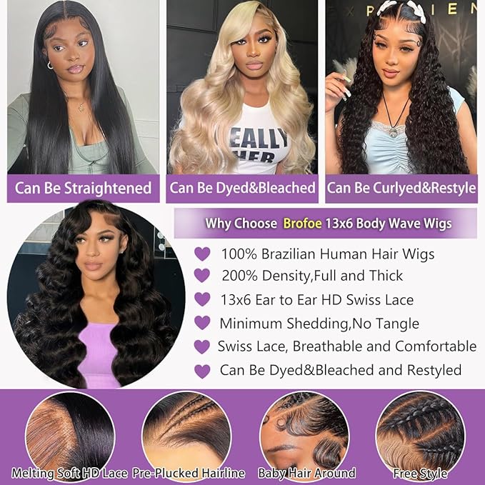 13x6 Lace Front Wigs Human Hair 200 Density Body Wave HD Lace Front Wigs Human Hair Pre Plucked Natural Color Glueless Wigs for Women 28 Inch
