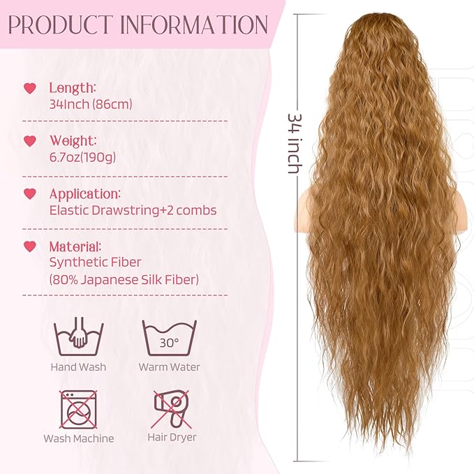 HOOJIH Ponytail Extension, 34 Inch Extra Long Drawstring Ponytail Strawberry Blonde Pony Tails Hair Extension Flurry Wavy Ponytails Soft Upgraded Synthetic Fiber Fake Ponytail Hairpiece for Women
