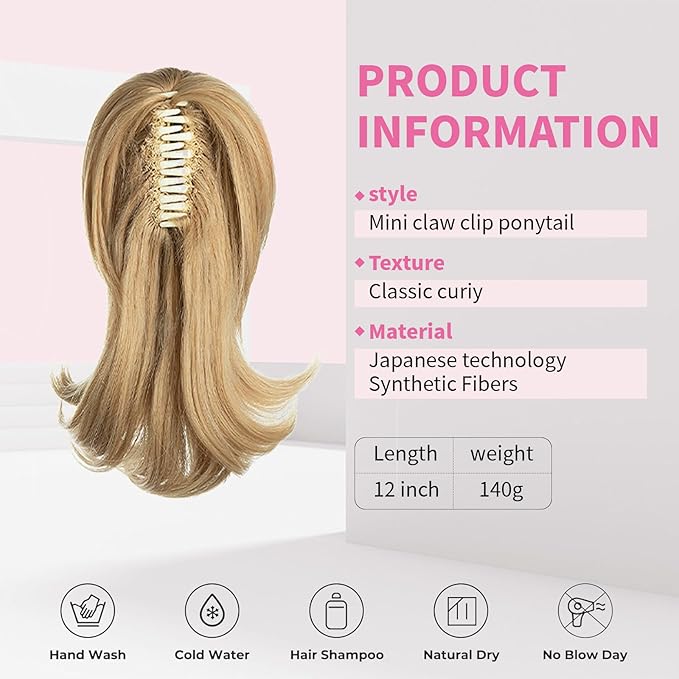 Ponytail Hair Extensions, 12 Inch Claw Clip Ponytail Hair Extensions for Women, Chin Clip Wigs, Soft Synthetic Wigs-Light Honey Blonde