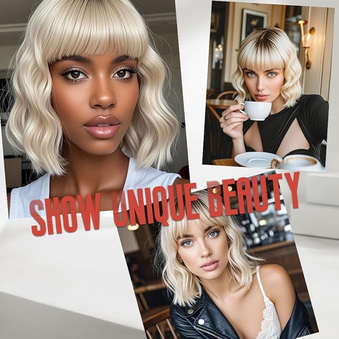 WAVE&BREEZE Short Platinum Blonde Wigs with Bangs 14Inch Wavy Curly Bob Hair Wig for Women Shoulder Length Natural Looking Hair Replacement Wig for Daily Party Cosplay Costume Halloween