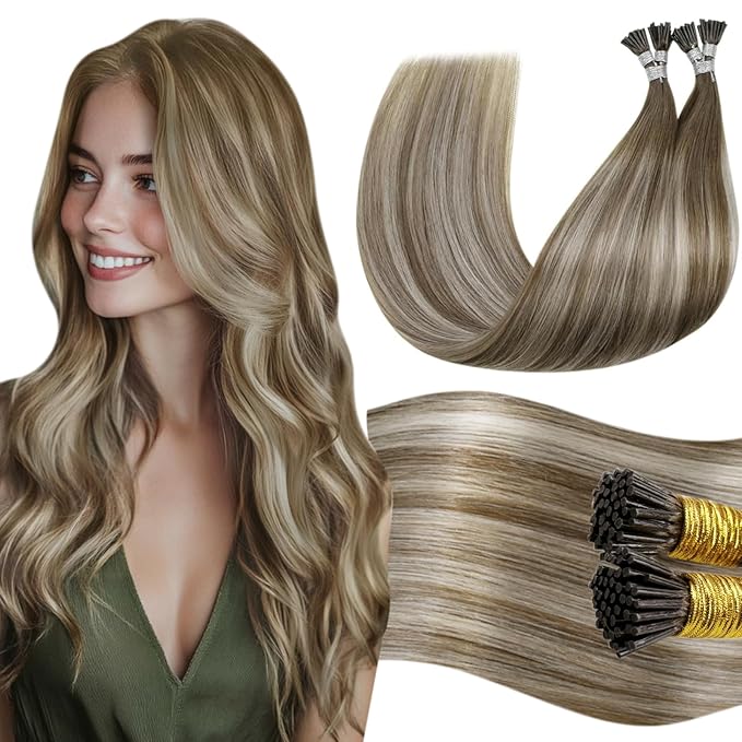 LaaVoo I Tips Hair Extensions Real Human Hair Balayage Light Brown with Platinum Blonde Ombre 80s 14 inch 40g