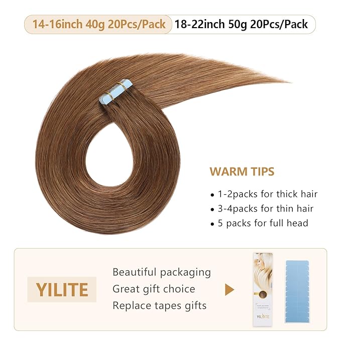 YILITE Human Hair Extensions 18 inches 20pcs 50g Silky Straight Real Human Hair Tape in #6 Chestnut Brown