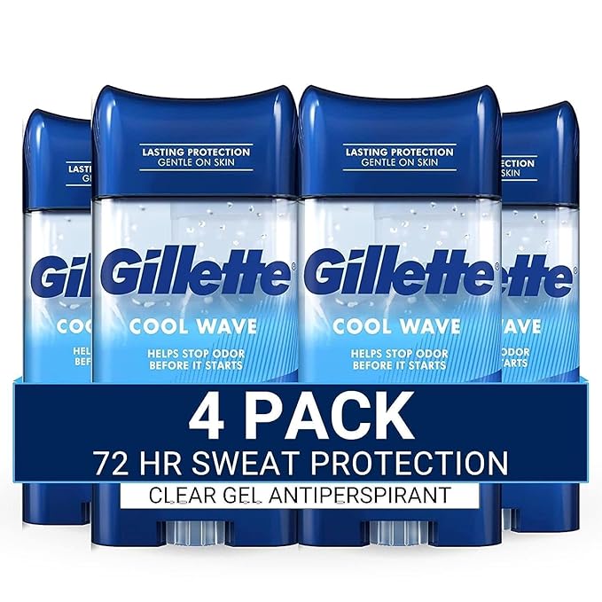 Gillette Antiperspirant and Deodorant for Men, 72hr Sweat & Odor Protection, Long Lasting Freshness, Anti-White Mark Technology, Clear Gel, Cool Wave Scent, 3.8 oz (Pack of 4)