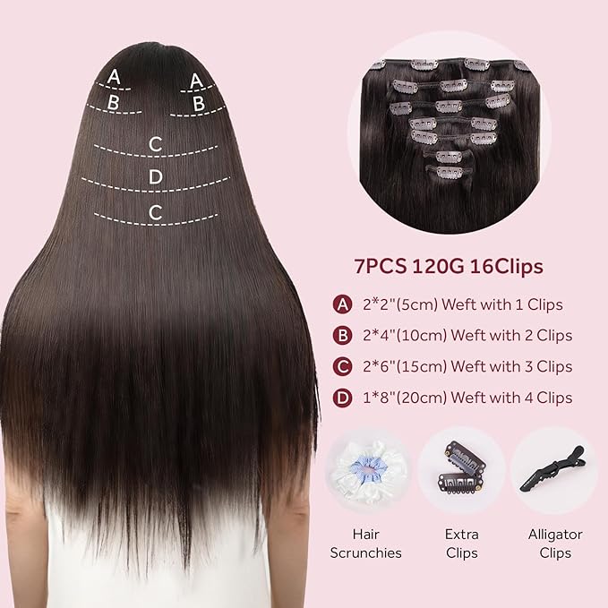 Clip in Hair Extensions Real Human Hair, Remy Human Hair Clip in Extensions for Long Hair, Dark Brown Straight Hair Extensions Add Volum add Length #2 18Inch 120G 7PCS