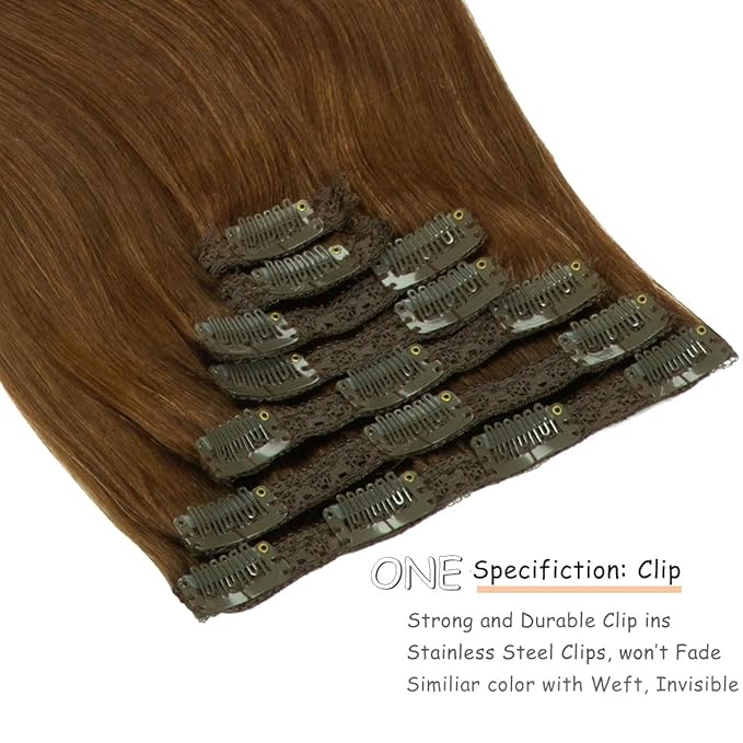 Caliee Hair Extensions Human Hair Chocolate Brown Color Silky Straight Clip in Extensions Invisible Double Weft for Women Full Head Seamless Hair Extensions 120g 16inch