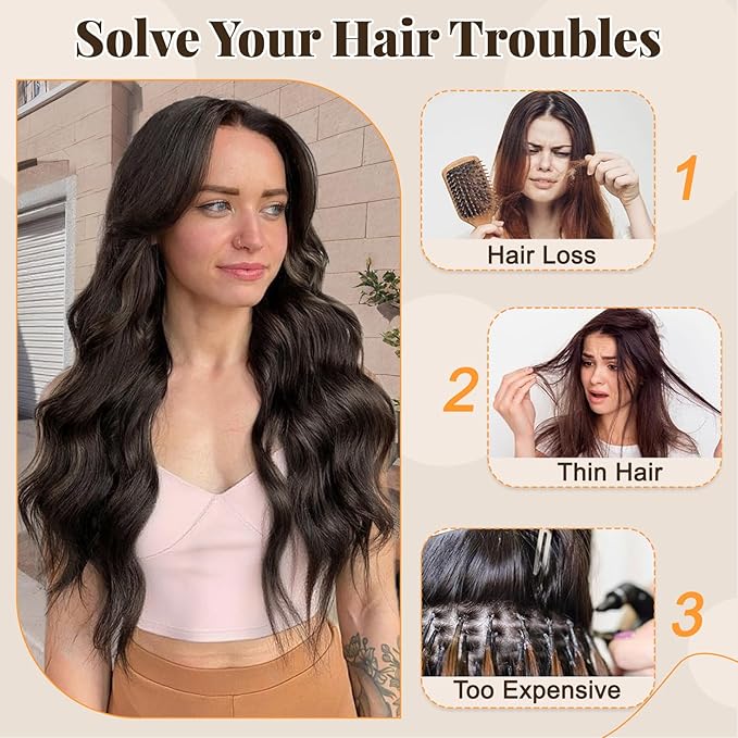 ALXNAN Clip in Long Wavy Synthetic Hair Extension 20 Inch Dark Brown 4PCS Thick Hairpieces Fiber Double Weft Hair for Women