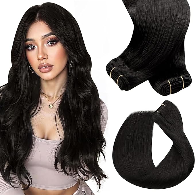 Sunny Hair Human Hair Extensions Sew in 16inch Natural Black Sew in Hair Extensions Real Human Hair Off Black Remy Hair Weft Extensions for Women Real Hair Add Length for Many Occasions 100g