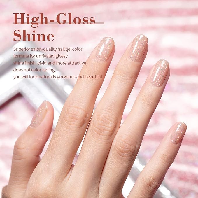 RARJSM Nude Glitter Nail Gel Polish Sheer Pink Jelly Shimmery Iridescent Sparkly Pink Holographic Pigments Translucent Natural Skin Tone Color Gel 15ml Soak off UV LED Cured Home Salon