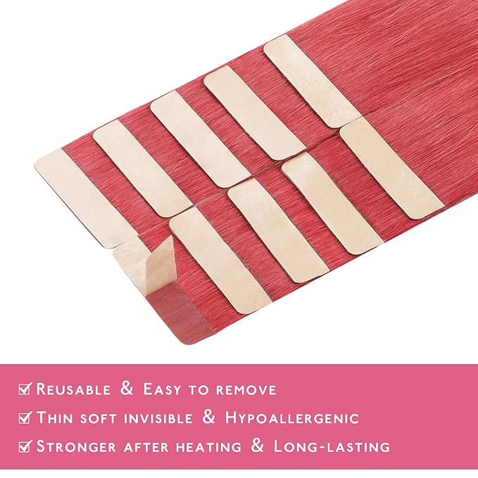 WENNALIFE Tape in Hair Extensions Human Hair Coral Red Tape in Extensions, 10pcs 25g 14 inch Remy Invisible Tape Ins Straight Colored Soft Real Human Hair Tape in Extensions Refill Set Extensions
