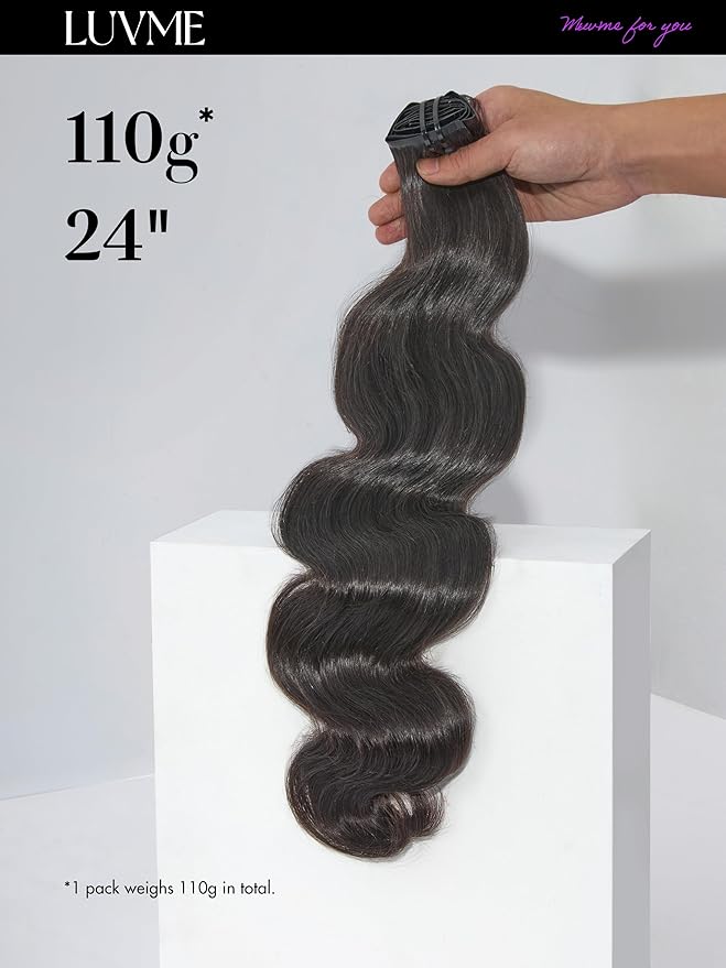LUVME Body Wave Seamless 110g 7Pcs Clip in Hair Extensions Full Max with 18inch Remy Human Hair Extensions, Natural Black 100% Real Soft Hair