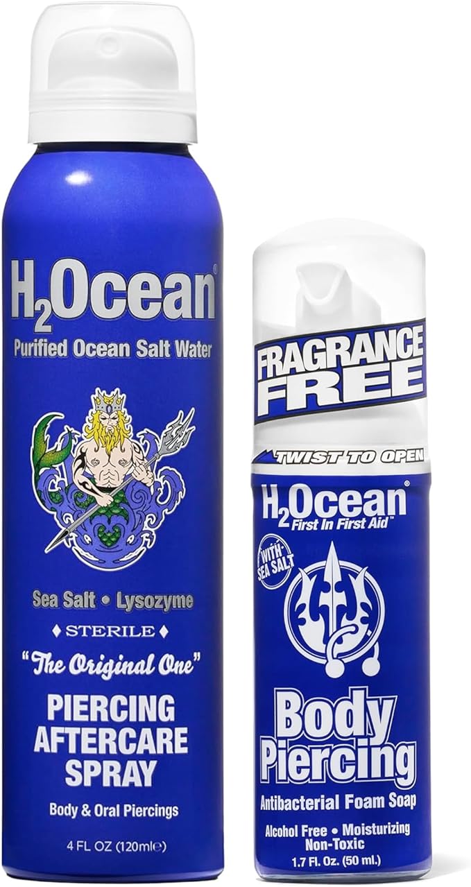 H2Ocean Patented Piercing Aftercare Spray Sea Salt Saline 4oz + Body Piercing Foam Soap Sea Salt Piercing Aftercare 1.7oz