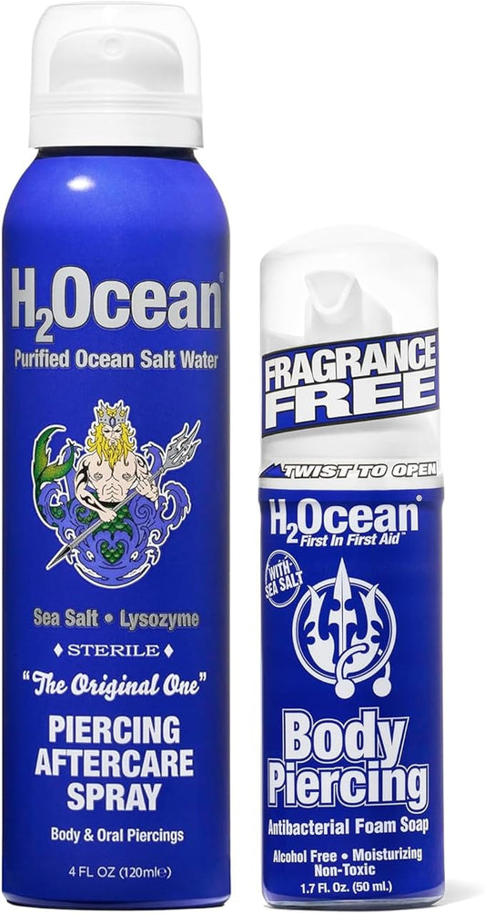 H2Ocean Patented Piercing Aftercare Spray Sea Salt Saline 4oz + Body Piercing Foam Soap Sea Salt Piercing Aftercare 1.7oz