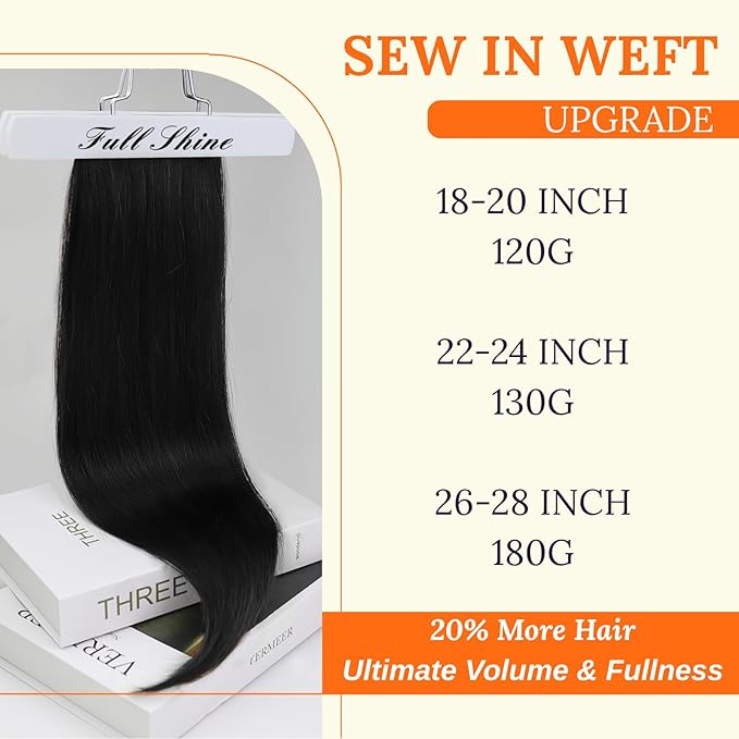 Full Shine Weft Hair Extensions Color #1B Off Black 120G Thick Weft Extensions Soft Straight Hair For Women 18 Inch Invisible Sew In Hair Extensions Sew In Extensions Remy Hair