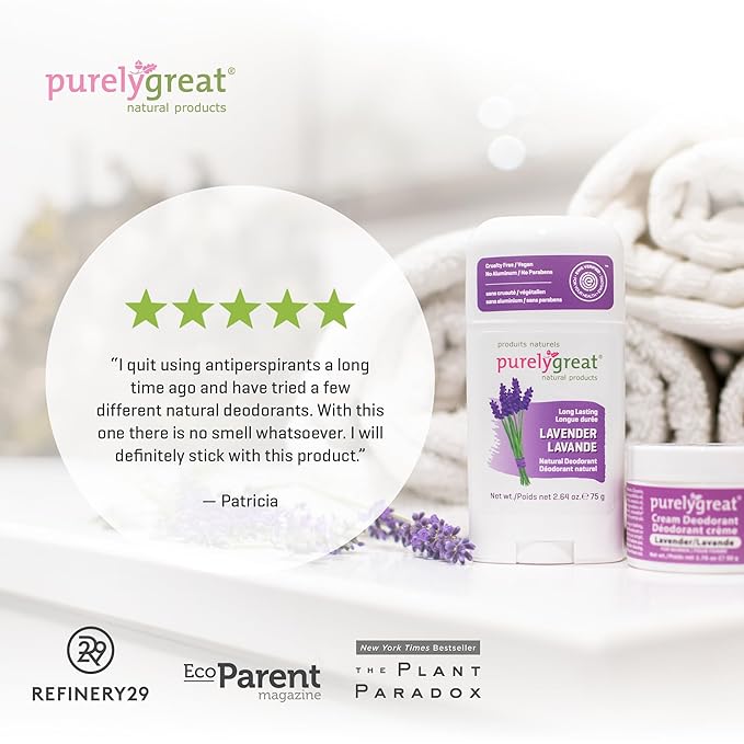 Purelygreat - Lavender Scented Cream Deodorant, Chemical-Free Hygiene Essentials for Women, Natural Deodorant for Men with Soda & Corn Starch, No Sticky Residue, Parabens & BPA, 1.76 oz / 50 g