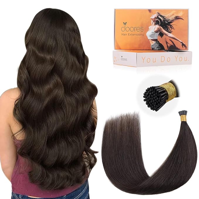 DOORES I Tips Real Human Hair Extensions, Light Dark Brown 22 Inch 50g/50s, Straight Silky Cold Fusion Hair Extensions
