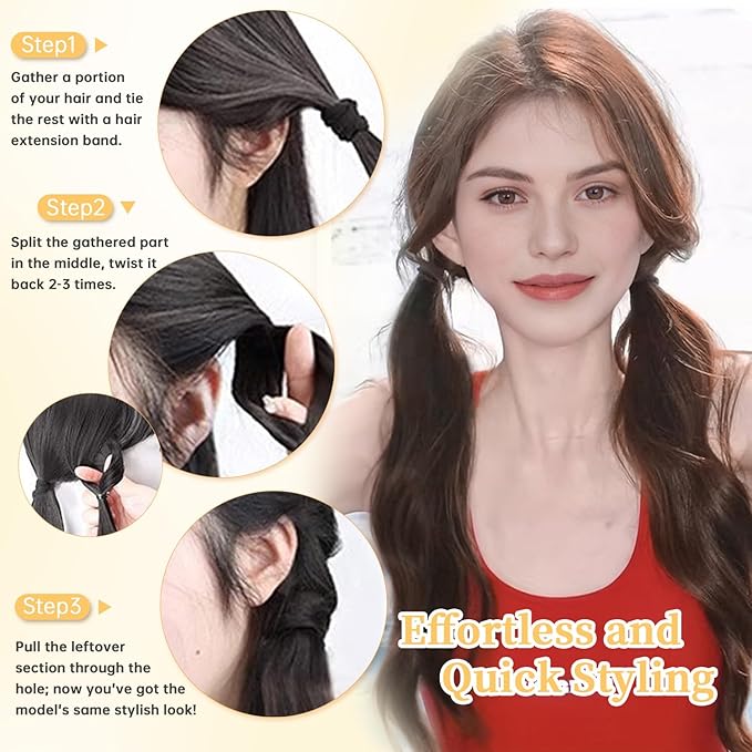 2PCS Curly Ponytail Extension with Hair Tie Hair Natural Wig Elastic Band Wave Fake Ponytail Wigs Accessories for Women Daily 17 Inch (2pcs-brown)
