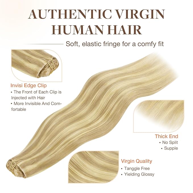 GOO GOO Invisi Edge Clip in Hair Extensions, 18inch 140g 7Pcs, Injected Seamless PU Clip in Hair Extensions, Virgin Real Human Hair, #18D/22F Dirty Blonde Highlights